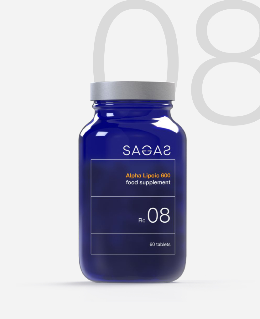 Sagas RC 08 Alpha Lipoic 600, alfa lipoična kiselina s kromom u plavoj bočici. Bez GMO-a. 60 tableta u jednoj bočici.