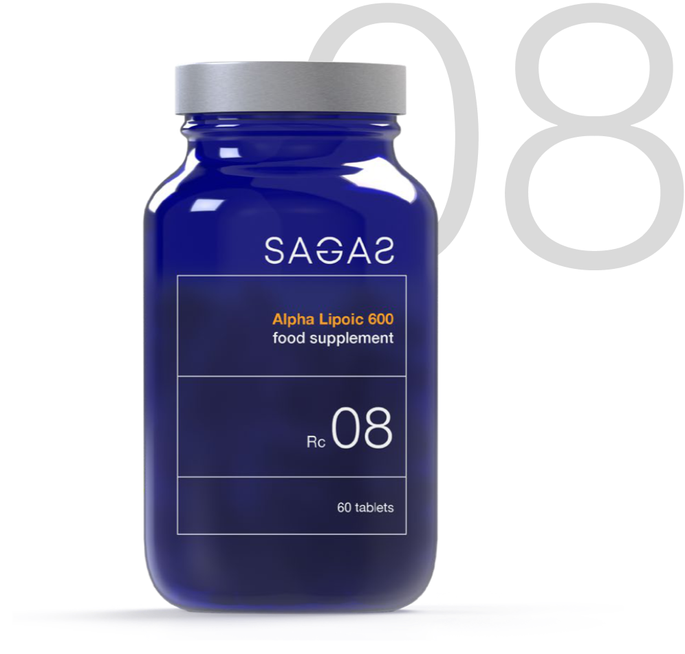 Sagas RC 08 Alpha Lipoic 600, alfa lipoična kiselina s kromom u plavoj bočici. Bez GMO-a. 60 tableta u jednoj bočici.