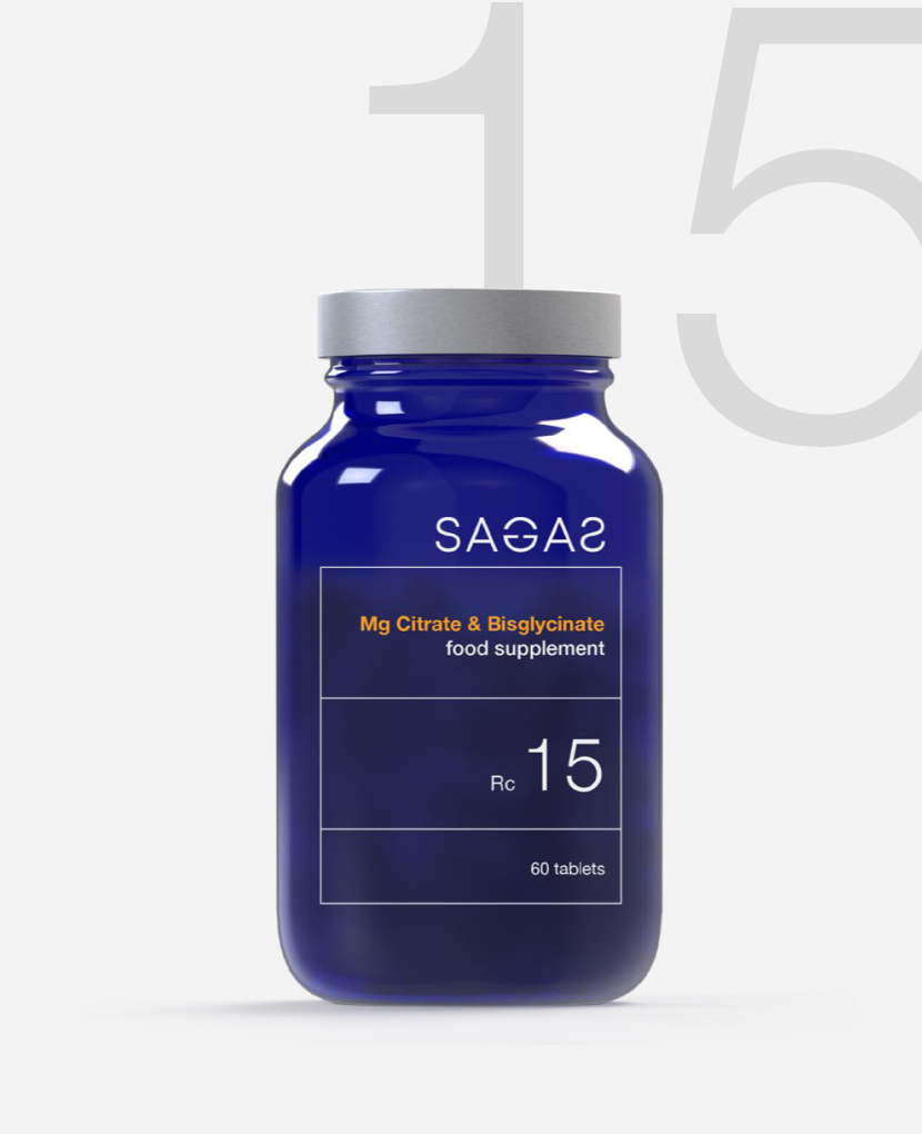 Sagas RC 15 Mg Citrate & Bisglycinate, magnezij za podršku energiji. Pakiranje od 60 tableta u plavoj bočici.
