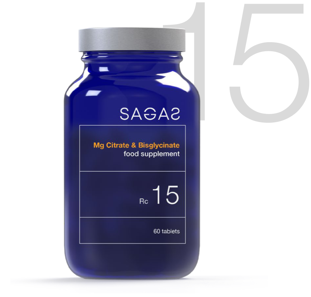 Sagas RC 15 Mg Citrate & Bisglycinate, magnezij za podršku energiji. Pakiranje od 60 tableta u plavoj bočici.