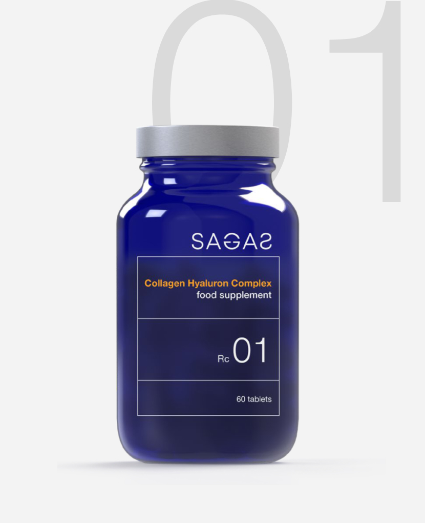Sagas RC 01 Hyaluron Complex, kolagen s hijaluronom u plavoj bočici. Pakiranje sadrži 60 tableta.