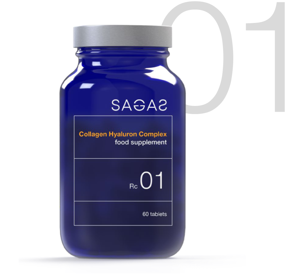 Sagas RC 01 Hyaluron Complex, kolagen s hijaluronom u plavoj bočici. Pakiranje sadrži 60 tableta.