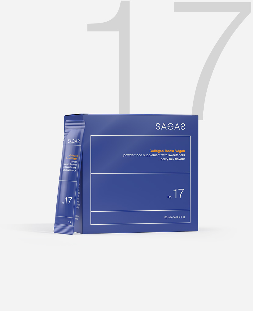 Sagas RC 17 Collagen Boost, veganski kolagen u prahu u vrećici od 6 g. Pakiranje sadrži 12 vrećica za brzu upotrebu.
