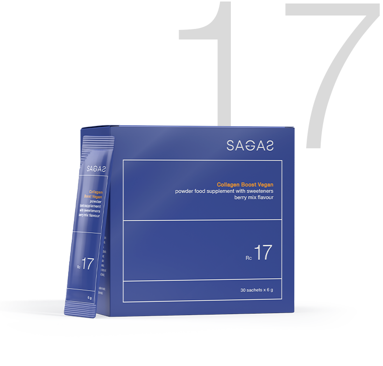 Sagas RC 17 Collagen Boost, veganski kolagen u prahu u vrećici od 6 g. Pakiranje sadrži 12 vrećica za brzu upotrebu.
