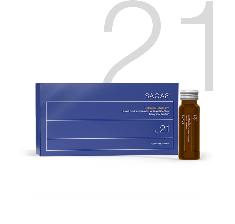 Sagas RC 21 Collagen CitriSlim kolagen shot. Tekući oblik za brzu primjenu. Pakiranje od 12 bočica od 50 ml.